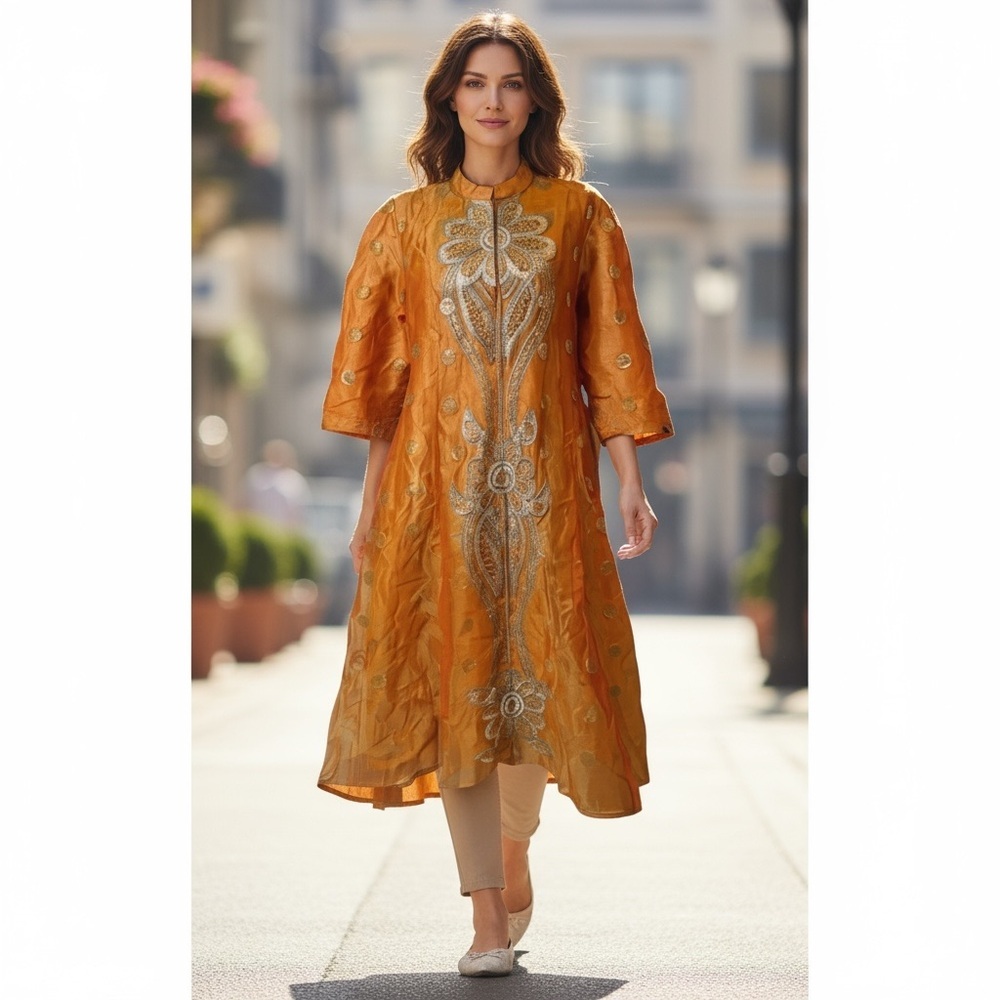Indian 100% Silk Traditional Orange Chiffon Silk Embroidered Dress Kurta